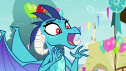 Size: 1280x720 | Tagged: safe, screencap, character:princess ember, species:dragon, episode:triple threat, g4, my little pony: friendship is magic, balloon, solo