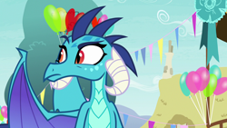 Size: 1280x720 | Tagged: safe, screencap, character:princess ember, species:dragon, episode:triple threat, g4, my little pony: friendship is magic, balloon, raised eyebrow, solo