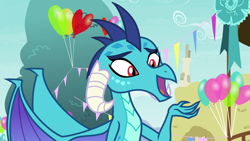 Size: 1280x720 | Tagged: safe, screencap, character:princess ember, species:dragon, episode:triple threat, g4, my little pony: friendship is magic, balloon, solo