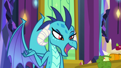 Size: 1280x720 | Tagged: safe, screencap, character:princess ember, species:dragon, episode:triple threat, g4, my little pony: friendship is magic, carrot, food, raised eyebrow, solo