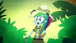 Size: 1920x1080 | Tagged: safe, screencap, character:rainbow dash, episode:leaping off the page, eqg summertime shorts, g4, my little pony:equestria girls, clothing, female, hat, midriff, pith helmet, scenery, short shirt, skirt, solo, wristband