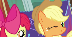 Size: 1120x572 | Tagged: safe, screencap, character:apple bloom, character:applejack, species:earth pony, species:pony, episode:campfire tales, g4, my little pony: friendship is magic, clothing, cowboy hat, female, hat, one eye closed, sisters, smiling, tent, wink