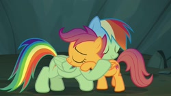 Size: 1920x1080 | Tagged: safe, screencap, character:rainbow dash, character:scootaloo, species:pegasus, species:pony, episode:campfire tales, g4, my little pony: friendship is magic, discovery family logo, hug, scootalove