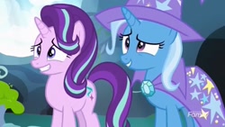 Size: 1280x720 | Tagged: safe, screencap, character:starlight glimmer, character:trixie, species:pony, episode:to change a changeling, g4, my little pony: friendship is magic, awkward, cape, clothing, friendship, hat, smiling, trixie's cape, trixie's hat