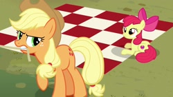 Size: 1920x1080 | Tagged: safe, screencap, character:apple bloom, character:applejack, species:pony, episode:campfire tales, g4, my little pony: friendship is magic, angry, picnic blanket, pulling, rope