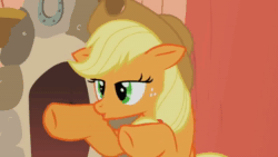 Size: 640x360 | Tagged: safe, screencap, character:applejack, species:earth pony, species:pony, episode:look before you sleep, g4, my little pony: friendship is magic, 2spooky, animated, applejack's hat, clothing, cowboy hat, female, golden oaks library, hat, hoofy-kicks, mare, oooooh, solo, sound, spooky, stetson, webm