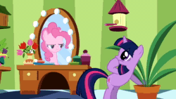 Size: 640x360 | Tagged: safe, screencap, character:pinkie pie, character:twilight sparkle, species:pony, episode:green isn't your color, g4, my little pony: friendship is magic, animated, mirror, sound, webm