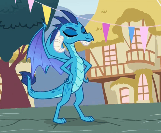 Size: 539x446 | Tagged: safe, screencap, character:princess ember, species:dragon, episode:triple threat, g4, my little pony: friendship is magic, animated, gif, landing, proud, reversed, superhero landing