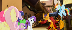 Size: 1920x804 | Tagged: safe, screencap, character:capper dapperpaws, character:fluttershy, character:pinkie pie, character:rainbow dash, character:rarity, character:spike, character:twilight sparkle, character:twilight sparkle (alicorn), species:abyssinian, species:alicorn, species:anthro, species:dragon, species:pony, my little pony: the movie (2017), cat, clothing, male