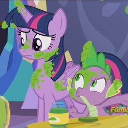 Size: 1079x1078 | Tagged: safe, screencap, character:spike, character:twilight sparkle, character:twilight sparkle (alicorn), species:alicorn, species:dragon, species:pony, episode:a flurry of emotions, g4, my little pony: friendship is magic, cropped, discovery family logo, mashed peas