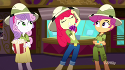 Size: 1280x720 | Tagged: safe, screencap, character:apple bloom, character:scootaloo, character:sweetie belle, species:pegasus, species:pony, episode:the canterlot movie club, eqg summertime shorts, g4, my little pony:equestria girls, clothing, crossed arms, cutie mark crusaders, discovery family logo, food, pants, popcorn, short pants, theater, ticket