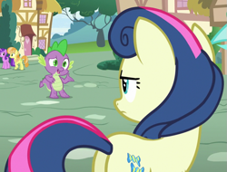 Size: 849x646 | Tagged: safe, screencap, character:bon bon, character:spike, character:sweetie drops, species:dragon, episode:triple threat, g4, my little pony: friendship is magic, cropped, plot