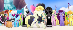 Size: 2048x858 | Tagged: safe, official, screencap, character:cantaloupe, character:millie, character:nougat praliné, character:open skies, character:photo finish, character:songbird serenade, character:vinny, character:whinnyfield, species:earth pony, species:pegasus, species:pony, species:unicorn, my little pony: the movie (2017), animation error, background pony, camera, canterlot shopkeep, clothing, code red, crowd, female, jules winnfield, male, mare, necktie, pulp fiction, race swap, stallion, suit, sunglasses, toadstool blossom, unnamed pony, vincent vega