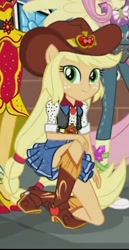 Size: 247x477 | Tagged: safe, screencap, character:applejack, equestria girls:dance magic, g4, my little pony:equestria girls, beautiful, belt, belt buckle, boots, clothing, cowboy boots, cowboy hat, cowgirl, cropped, cute, denim skirt, freckles, hat, high heel boots, looking at you, offscreen character, ponied up, shoes, skirt, skirt lift, smiling, stetson, vest