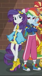 Size: 369x667 | Tagged: safe, screencap, character:rainbow dash, character:rarity, character:sunset shimmer, equestria girls:dance magic, g4, my little pony:equestria girls, clothing, converse, cropped, high heels, pants, ponied up, rapper dash, shoes, skirt, smiling, sneakers, wings