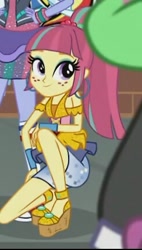 Size: 244x431 | Tagged: safe, screencap, character:pinkie pie, character:sour sweet, character:sugarcoat, equestria girls:dance magic, g4, my little pony:equestria girls, clothing, ear piercing, earring, female, freckles, high heels, jewelry, offscreen character, piercing, ponytail, shoes, skirt, skirt lift, smiling
