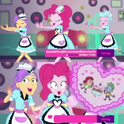 Size: 1920x1920 | Tagged: safe, screencap, character:pinkie pie, episode:coinky-dink world, eqg summertime shorts, g4, my little pony:equestria girls, alizarin bubblegum, alizary, background human, celery stalk, clothing, date, discovery family logo, doo wop, dress, female, food, heart, ice cream, male, milkshake malt, server pinkie pie, shipping, straight, sunny sugarsocks, tip top