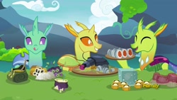 Size: 1920x1080 | Tagged: safe, screencap, species:changeling, species:reformed changeling, episode:to change a changeling, g4, my little pony: friendship is magic, aspic, background changeling, beetle, changedlings eating meat, changelings eating meat, clypeus, cuisine, cute, cuteling, discovery family logo, eyes closed, eyes on the prize, food, grin, grub, hoof hold, insect, licking, licking lips, meat, open mouth, ponies eating meat, scarab, smiling, soup, sushi, tongue out