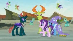Size: 1638x921 | Tagged: safe, screencap, character:pharynx, character:prince pharynx, character:starlight glimmer, character:thorax, character:trixie, species:changeling, species:reformed changeling, episode:to change a changeling, g4, my little pony: friendship is magic