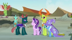 Size: 1920x1080 | Tagged: safe, screencap, character:pharynx, character:prince pharynx, character:starlight glimmer, character:thorax, character:trixie, species:changeling, species:pony, species:reformed changeling, species:unicorn, episode:to change a changeling, g4, my little pony: friendship is magic, cape, clothing, discovery family logo, hat, trixie's cape, trixie's hat
