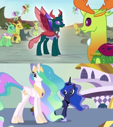 Size: 1280x1440 | Tagged: safe, screencap, character:pharynx, character:prince pharynx, character:princess celestia, character:princess luna, character:thorax, species:changeling, species:reformed changeling, episode:princess twilight sparkle, episode:to change a changeling, g4, my little pony: friendship is magic, changedling brothers, comparison, discovery family logo, royal sisters
