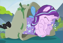 Size: 631x432 | Tagged: safe, screencap, character:pharynx, character:starlight glimmer, character:trixie, species:changeling, species:pony, species:unicorn, episode:to change a changeling, g4, my little pony: friendship is magic, bag, cropped, eyes closed, female, freeze frame, frown, mare, out of context, solo focus, underhoof