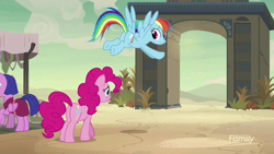 Size: 1280x720 | Tagged: safe, screencap, character:pinkie pie, character:rainbow dash, species:earth pony, species:pegasus, species:pony, episode:daring done, female, flying, mare, somnambula (location)