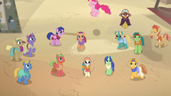 Size: 1920x1080 | Tagged: safe, screencap, character:a.k. yearling, character:aroma hathor, character:daring do, character:desert flower, character:husani, character:mosiah, character:nephthys, character:nile faras, character:pinkie pie, character:taperet, species:earth pony, species:pegasus, species:pony, species:unicorn, episode:daring done, aten (character), background pony, cactus fruit, clothing, desert, dress, female, glasses, headband, hijab, iahjmehet, lunar bay, male, mare, somnambula (location), somnambula resident, stallion, tut jannah, unnamed pony