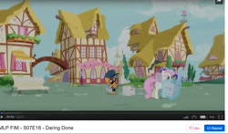 Size: 1372x809 | Tagged: safe, screencap, character:minuette, character:ruby pinch, character:twinkleshine, species:pony, episode:daring done, 2017, dailymotion, newspaper, opening credits, ponyville, printing press (character), september, spoiler in the source