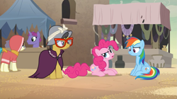 Size: 1271x713 | Tagged: safe, screencap, character:a.k. yearling, character:daring do, character:desert flower, character:pinkie pie, character:rainbow dash, species:earth pony, species:pegasus, species:pony, species:unicorn, episode:daring done, background pony, female, glasses, hijab, male, mare, market, somnambula (location), somnambula resident, stallion, unnamed pony