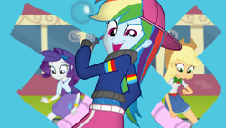 Size: 1280x720 | Tagged: safe, screencap, character:applejack, character:rainbow dash, character:rarity, episode:get the show on the road, eqg summertime shorts, g4, my little pony:equestria girls, backwards ballcap, baseball cap, cap, clothing, hat, music video, open mouth, pants, rapper dash, rapping, towel