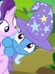 Size: 681x916 | Tagged: safe, screencap, character:starlight glimmer, character:trixie, species:pony, species:unicorn, episode:to change a changeling, g4, my little pony: friendship is magic, adorable face, awww, best friends, best pony, cape, clothing, cute, dawwww, diatrixes, female, hat, mare, trixie's cape, trixie's hat