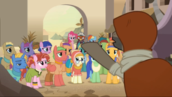 Size: 1366x768 | Tagged: safe, screencap, character:a.k. yearling, character:aroma hathor, character:daring do, character:desert flower, character:doctor caballeron, character:husani, character:mosiah, character:nephthys, character:nile faras, character:pepperberry (g4), character:pinkie pie, character:rainbow dash, character:taperet, species:earth pony, species:pegasus, species:pony, species:unicorn, episode:daring done, aten (character), background pony, cactus fruit, clothing, crowd, dress, female, glasses, headband, hijab, hood, iahjmehet, kino makoto, lunar bay, male, mare, somnambula (location), somnambula resident, stallion, tut jannah, unnamed pony