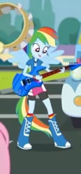 Size: 212x456 | Tagged: safe, screencap, character:rainbow dash, episode:get the show on the road, eqg summertime shorts, g4, my little pony:equestria girls, boots, clothing, compression shorts, guitar, ponied up, shoes, skirt, smiling, solo, wings