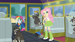 Size: 1280x720 | Tagged: safe, screencap, character:fluttershy, character:rainbow dash, episode:get the show on the road, eqg summertime shorts, g4, my little pony:equestria girls, backwards ballcap, baseball cap, broom, cap, cleaning, clothing, geode of fauna, hat, open mouth, pants, raccoon, rapper dash, school bus, skirt, tank top