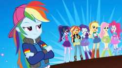 Size: 1280x720 | Tagged: safe, screencap, character:applejack, character:fluttershy, character:pinkie pie, character:rainbow dash, character:rarity, character:sunset shimmer, character:twilight sparkle, character:twilight sparkle (scitwi), species:eqg human, episode:get the show on the road, eqg summertime shorts, g4, my little pony:equestria girls, backwards ballcap, baseball cap, cap, clothing, crossed arms, hat, humane seven, music video, open mouth, rapper dash