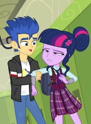 Size: 528x720 | Tagged: safe, screencap, character:flash sentry, character:twilight sparkle, character:twilight sparkle (scitwi), species:eqg human, equestria girls:friendship games, g4, my little pony:equestria girls, 8^y, backpack, bag, clothing, cropped, crystal prep academy uniform, cute, hair bun, jacket, pants, school uniform, skirt