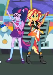 Size: 305x431 | Tagged: safe, screencap, character:sunset shimmer, character:twilight sparkle, character:twilight sparkle (scitwi), species:eqg human, episode:get the show on the road, eqg summertime shorts, g4, my little pony:equestria girls, boots, clothing, eyes closed, geode of empathy, geode of telekinesis, glasses, guitar, high heel boots, jacket, magical geodes, mary janes, microphone, pants, ponied up, ponytail, scitwilicorn, shoes, skirt, smiling, socks, wings