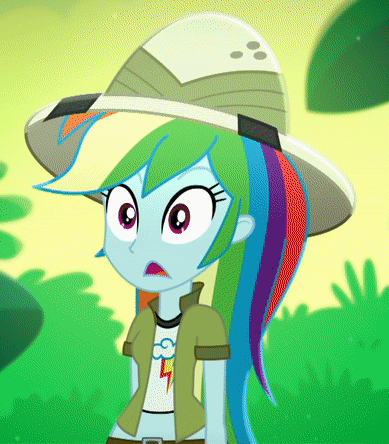 Size: 389x444 | Tagged: safe, screencap, character:rainbow dash, episode:leaping off the page, eqg summertime shorts, g4, my little pony:equestria girls, animated, clothing, cropped, gif, hat, midriff, pith helmet, short shirt, skirt, solo