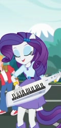Size: 340x717 | Tagged: safe, screencap, character:big mcintosh, character:rarity, episode:get the show on the road, eqg summertime shorts, g4, my little pony:equestria girls, clothing, eyes closed, musical instrument, offscreen character, ponied up, skirt