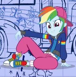 Size: 419x422 | Tagged: safe, screencap, character:rainbow dash, episode:get the show on the road, eqg summertime shorts, g4, my little pony:equestria girls, backwards ballcap, baseball cap, blueprint, breakdancing, cap, clothing, converse, cropped, hat, jacket, pants, rapper dash, sexy, shoes, smiling, sneakers, zoomed in