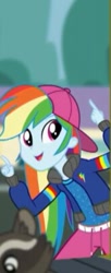 Size: 165x405 | Tagged: safe, screencap, character:rainbow dash, episode:get the show on the road, eqg summertime shorts, g4, my little pony:equestria girls, backwards ballcap, baseball cap, cap, clothing, cute, dashabetes, hat, jacket, open mouth, pants, raccoon, rapper dash, school bus, smiling, zoomed in