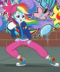 Size: 511x613 | Tagged: safe, screencap, character:rainbow dash, episode:get the show on the road, eqg summertime shorts, g4, my little pony:equestria girls, backwards ballcap, baseball cap, breakdancing, cap, clothing, converse, cropped, hat, jacket, open mouth, pants, rapper dash, sexy, shoes, sneakers, solo, zoomed in
