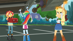 Size: 1280x720 | Tagged: safe, screencap, character:applejack, character:rainbow dash, character:sunset shimmer, episode:get the show on the road, eqg summertime shorts, g4, my little pony:equestria girls, clothing, cowboy hat, geode of super strength, hat, lifting, school bus, stetson
