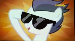 Size: 1251x690 | Tagged: safe, screencap, character:rumble, species:pegasus, species:pony, episode:marks and recreation, g4, my little pony: friendship is magic, colt, hoof hold, male, solo, sunglasses, swag, youtube link