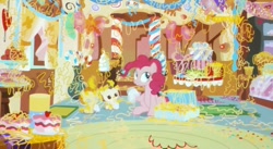 Size: 852x468 | Tagged: safe, screencap, character:pinkie pie, character:pound cake, character:pumpkin cake, episode:it isn't the mane thing about you, g4, my little pony: friendship is magic, balloon, banner, cake, decoration, epic spaghetti spill, food, hascon, party, pasta, present, spaghetti, sugarcube corner, youtube