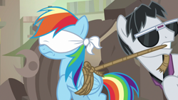 Size: 1280x720 | Tagged: safe, screencap, character:rainbow dash, character:withers, episode:daring done, blindfold, henchmen, rainbond dash, somnambula (location), tied up