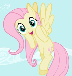 Size: 548x574 | Tagged: safe, screencap, character:fluttershy, species:pegasus, species:pony, cute, female, flying, happy, mare, moe, sky, solo