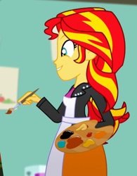 Size: 508x650 | Tagged: safe, screencap, character:sunset shimmer, episode:the art of friendship, eqg summertime shorts, g4, my little pony:equestria girls, apron, clothing, cropped, easel, paint, paintbrush, solo