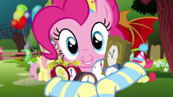 Size: 1280x720 | Tagged: safe, screencap, character:apple bloom, character:fluttershy, character:gummy, character:pinkie pie, balloon, clock, clothing, happy birthday to you!, hat, looking at you, manny roar, manticore, netflix, party hat, ponies in socks, socks, striped socks, youtube link